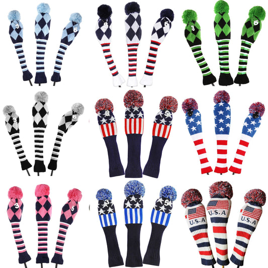 Vintage Vibe Golf Club Headcovers Set – 3pcs Knitted Pom Pom Sock Covers for Drivers and Fairway Woods - Club Rehab - HeadcoverBaby Blue Argyle SwaggerThree knitted pom pom sock covers in various colors, designed for golf drivers and fairway woods, displayed on a white background.