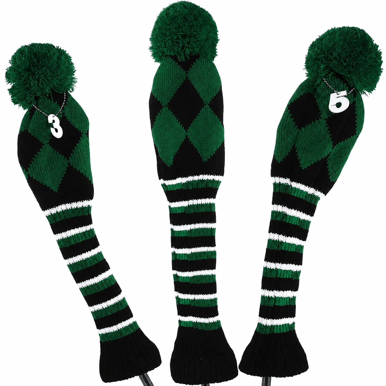 Vintage Vibe Golf Club Headcovers Set – 3pcs Knitted Pom Pom Sock Covers for Drivers and Fairway Woods - Country Club Green - Club Rehab