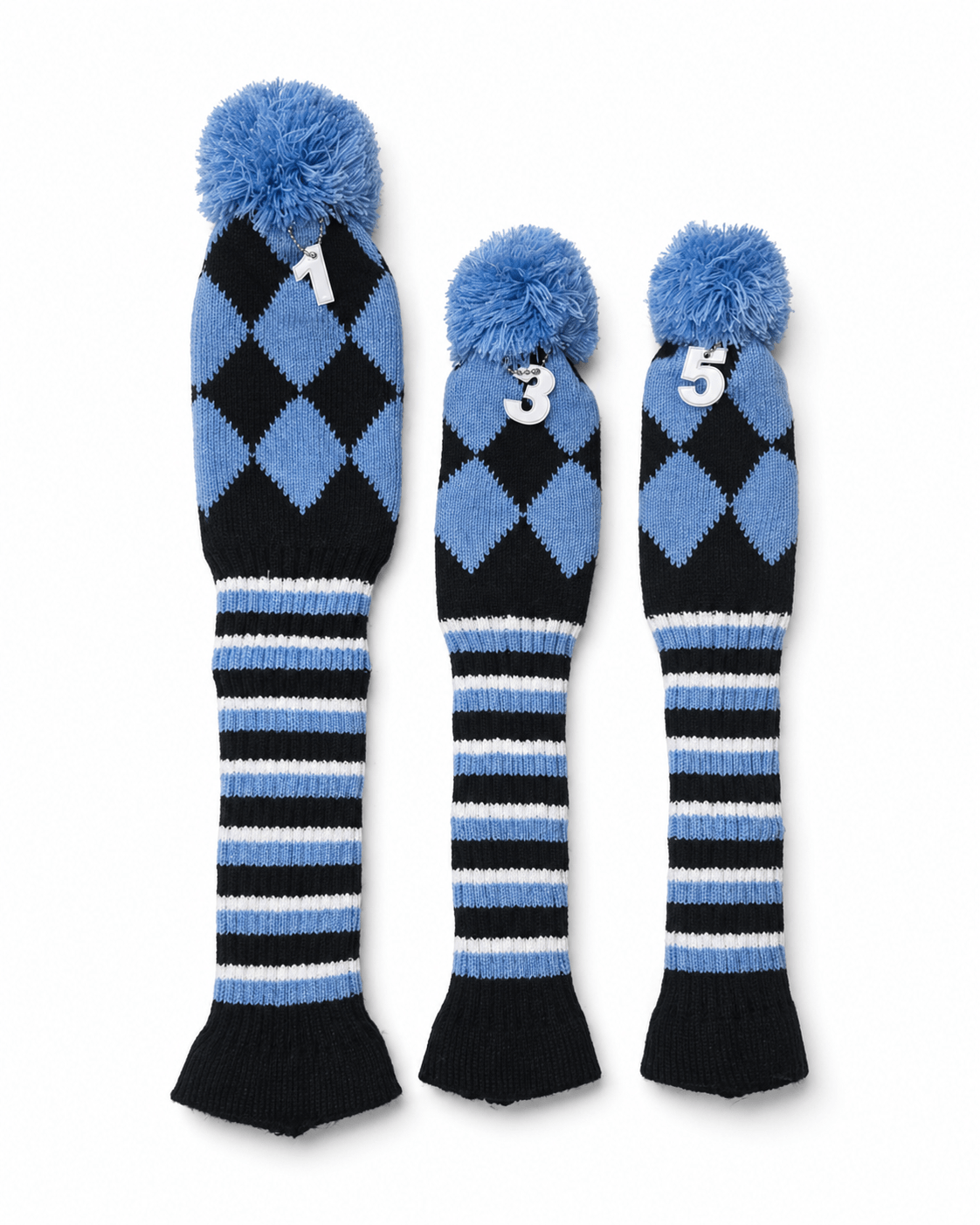 Vintage Vibe Golf Club Headcovers Set – 3pcs Knitted Pom Pom Sock Covers for Drivers and Fairway Woods - Baby Blue Argyle Swagger - Club Rehab