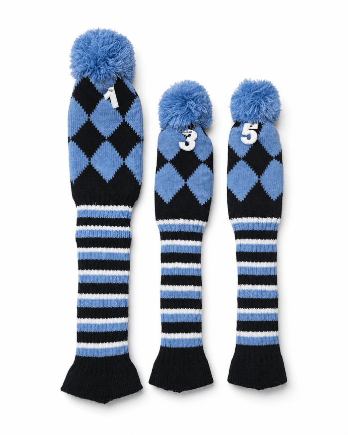 Vintage Vibe Golf Club Headcovers Set – 3pcs Knitted Pom Pom Sock Covers for Drivers and Fairway Woods - Baby Blue Argyle Swagger - Club Rehab