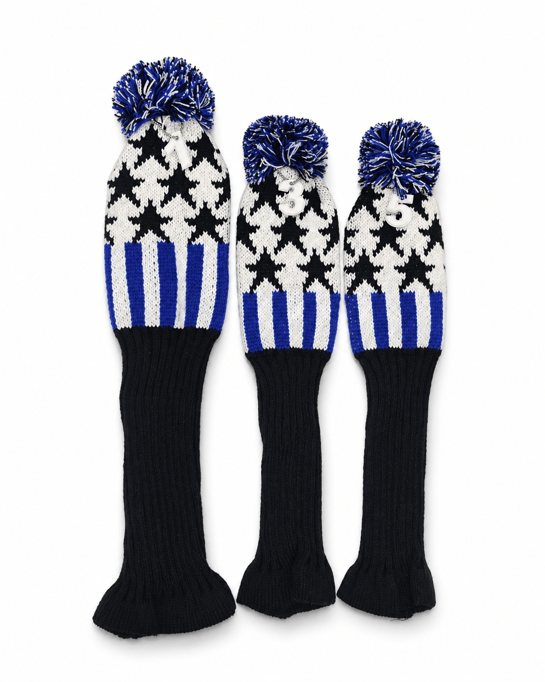 Vintage Vibe Golf Club Headcovers Set – 3pcs Knitted Pom Pom Sock Covers for Drivers and Fairway Woods - Blue Star Jamboree - Club Rehab