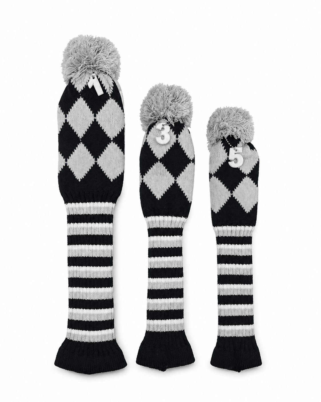 Vintage Vibe Golf Club Headcovers Set – 3pcs Knitted Pom Pom Sock Covers for Drivers and Fairway Woods - Monochrome Magic - Club Rehab