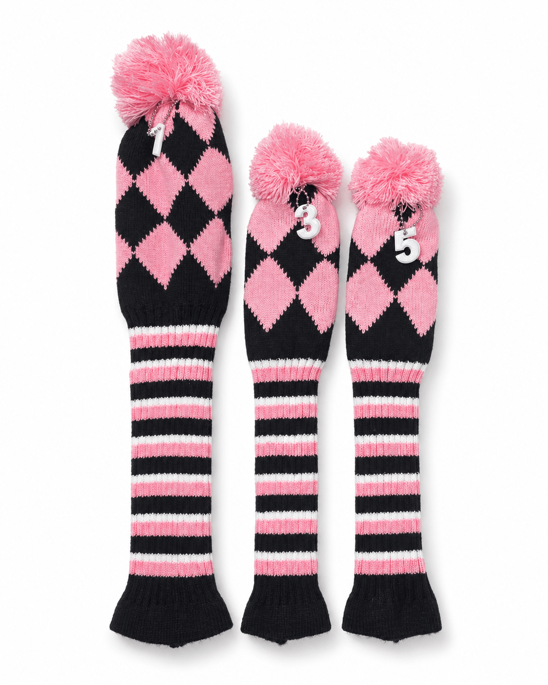 Vintage Vibe Golf Club Headcovers Set – 3pcs Knitted Pom Pom Sock Covers for Drivers and Fairway Woods - Pink Panther - Club Rehab