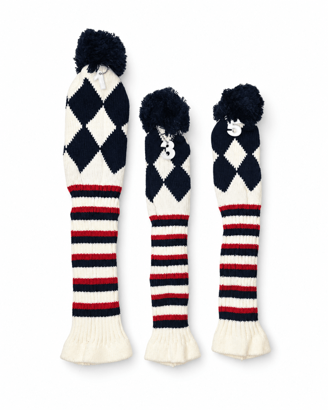 Vintage Vibe Golf Club Headcovers Set – 3pcs Knitted Pom Pom Sock Covers for Drivers and Fairway Woods - Patriotic Plaid - Club Rehab