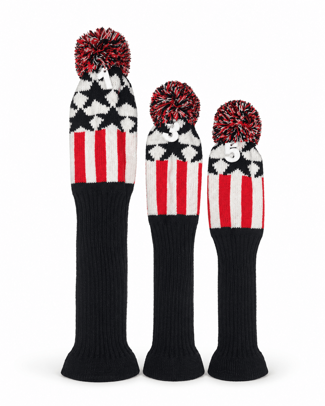 Vintage Vibe Golf Club Headcovers Set – 3pcs Knitted Pom Pom Sock Covers for Drivers and Fairway Woods - Stars and Stripes Forever - Club Rehab