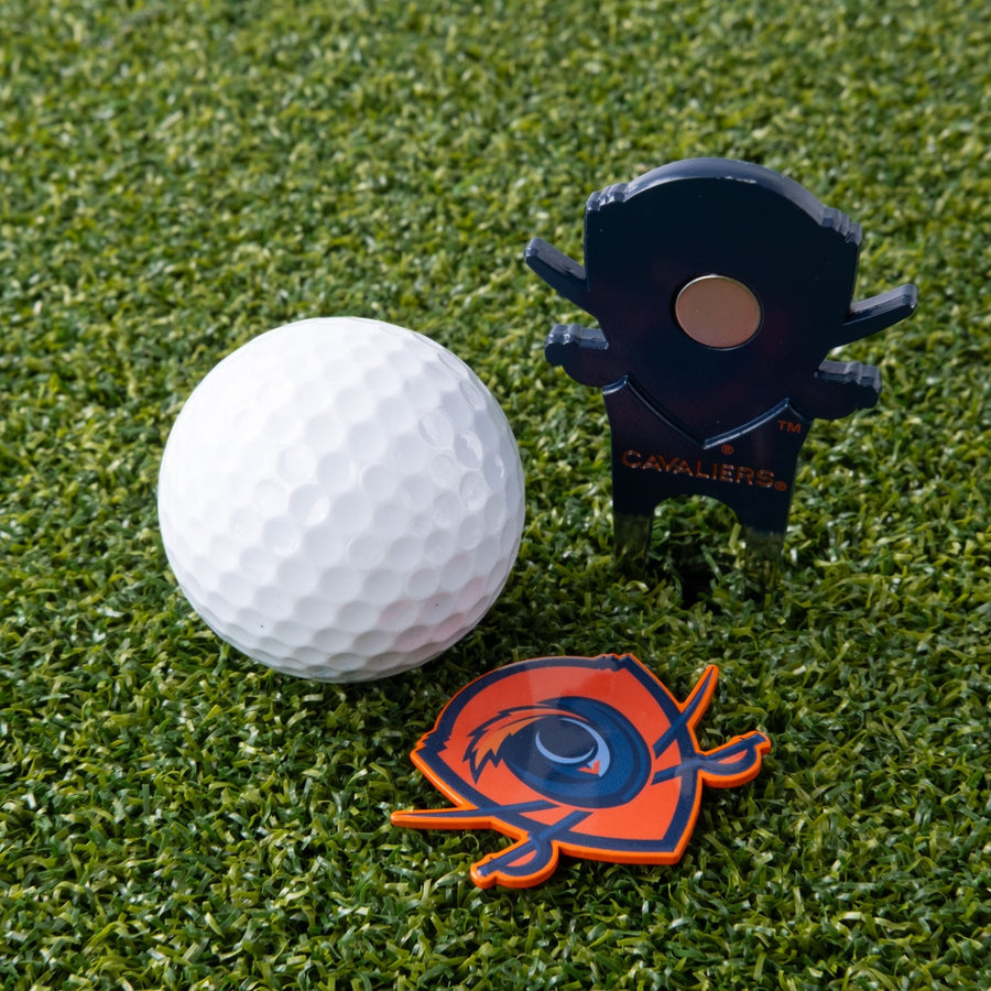 Virginia Cavaliers tool and its logo-shaped marker on the green
