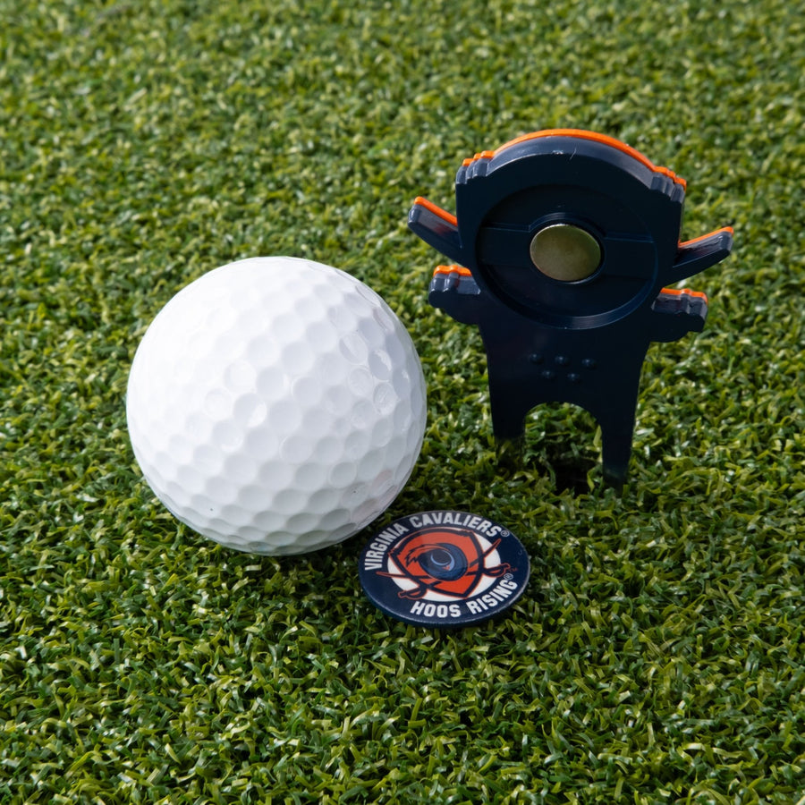 Virginia Cavaliers tool and its round marker on the green