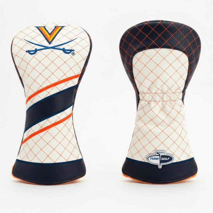 Two golf club head covers with different designs on a white background