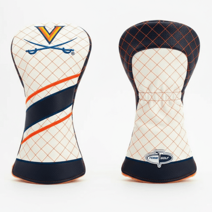 Two golf club head covers with different designs on a white background