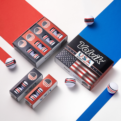 Volvik Vista3 USA Patriot Edition golf ball packaging on a colorful studio background