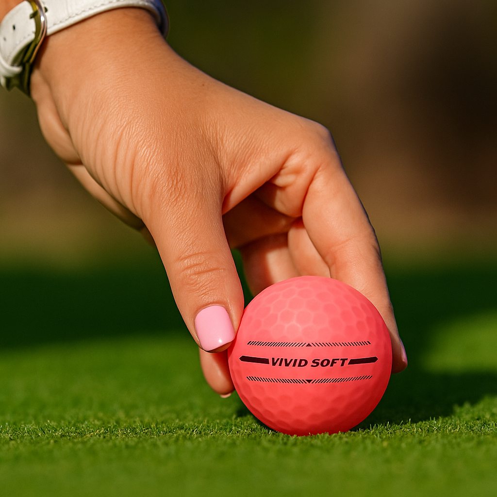 Hand holding a Volvik BCRF Vivid Soft pink golf ball above grass