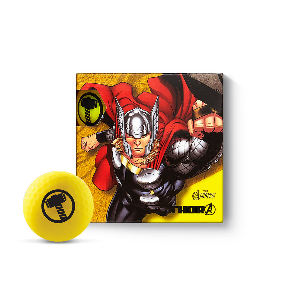 Volvik Marvel Thor Vivid Soft 4-Ball Pack Thor Yellow ball and packaging