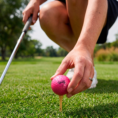 Golfer placing a pink Volvik BCRF Unity golf ball on a yellow tee