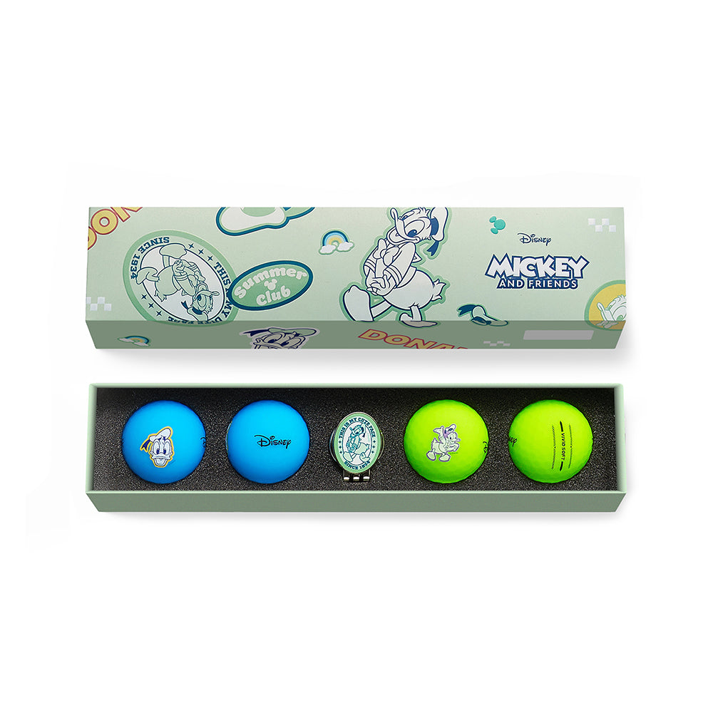 Open Donald Duck Vivid Soft gift box with blue and green golf balls and matching marker
