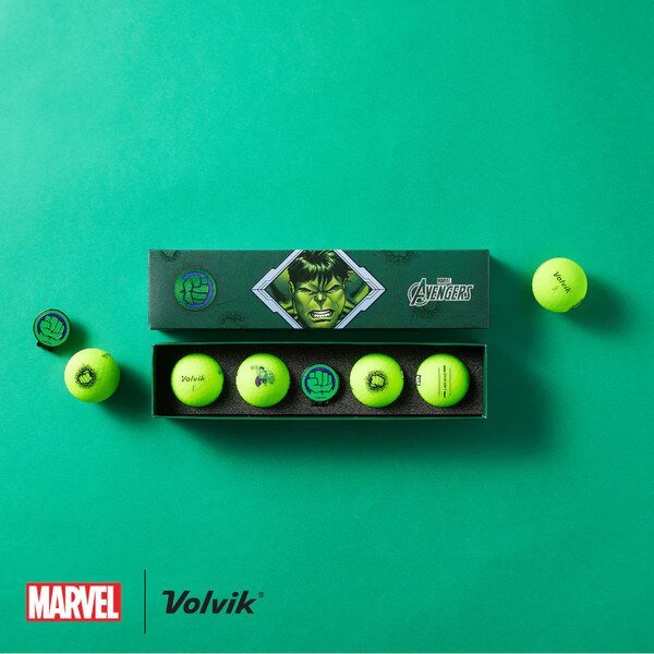 Volvik Vivid Soft Marvel Series Golf Balls with Ball Marker – 4 Ball Gift Set - Hulk - Club Rehab