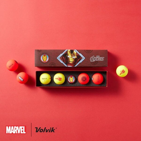 Volvik Vivid Soft Marvel Series Golf Balls with Ball Marker – 4 Ball Gift Set - Iron Man - Club Rehab