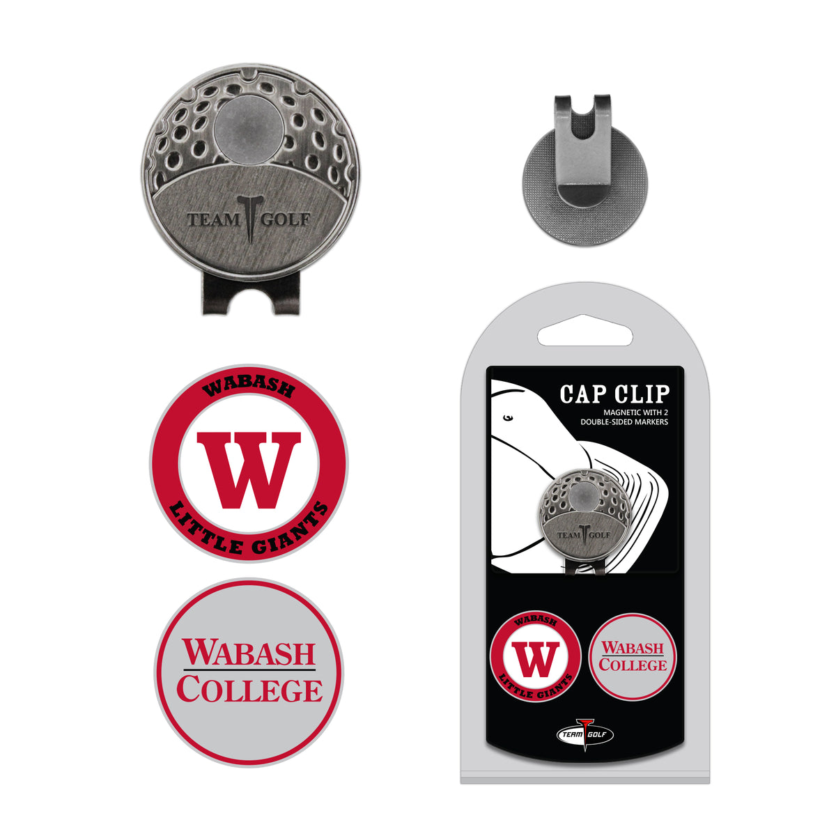 Wabash College hat clip with two golf ball markers