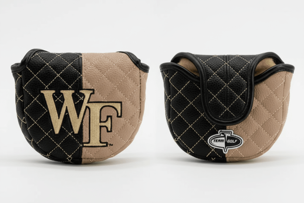 Two quilted golf club covers with 'WF' and 'Koolaid' logos on a white background