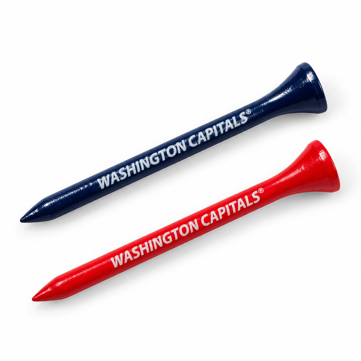 Washington Capitals golf tees in navy and red with team lettering.