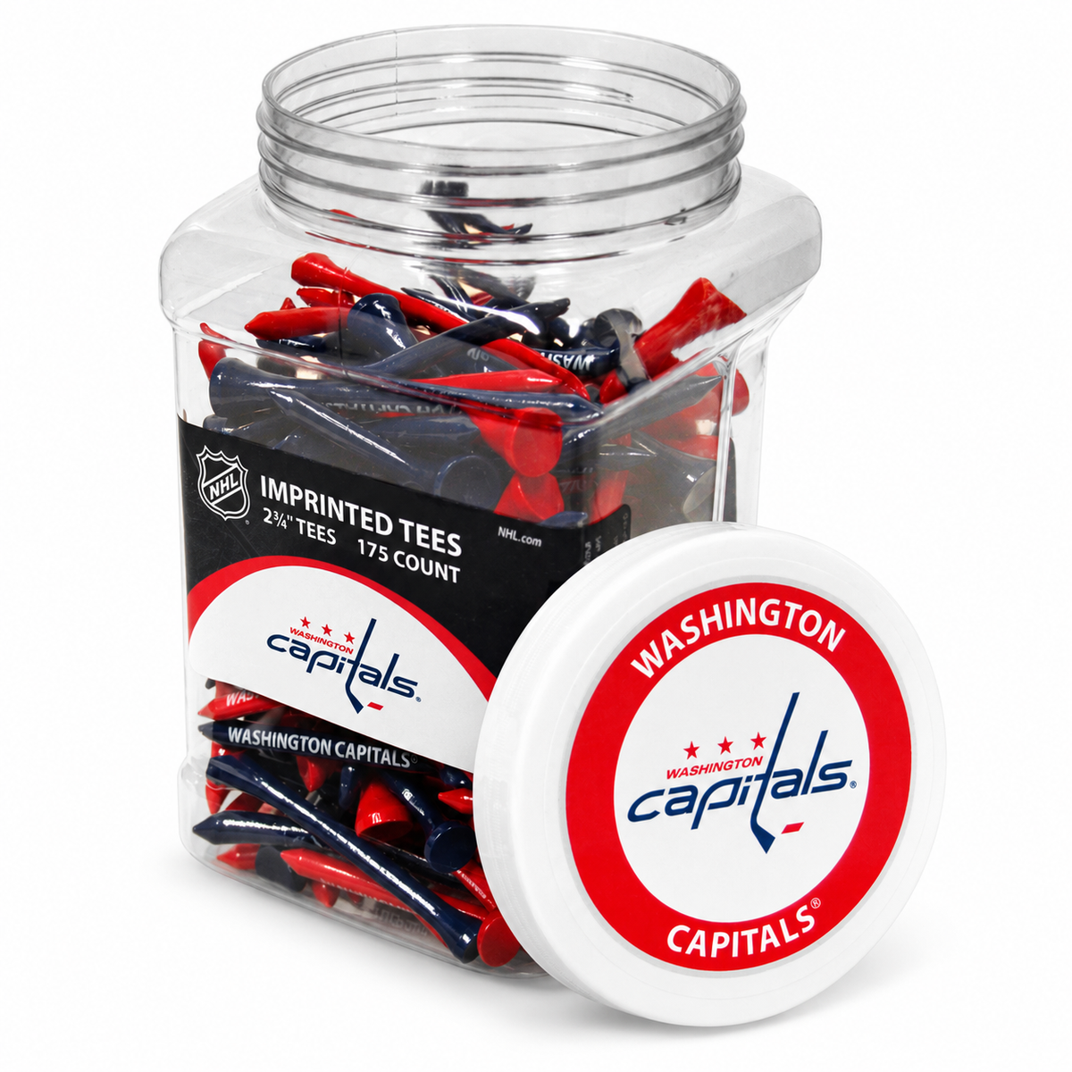 Washington Capitals jar containing 175 2¾-inch golf tees with its separate team-logo lid.