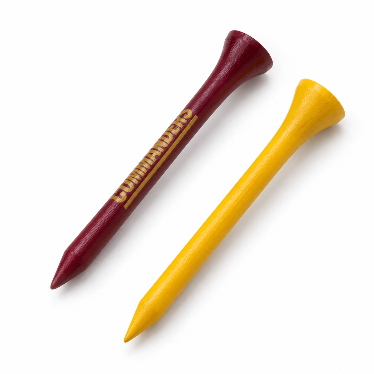 Washington Commanders golf tees in burgundy and yellow, showing a partial imprint and reverse-facing yellow tee.