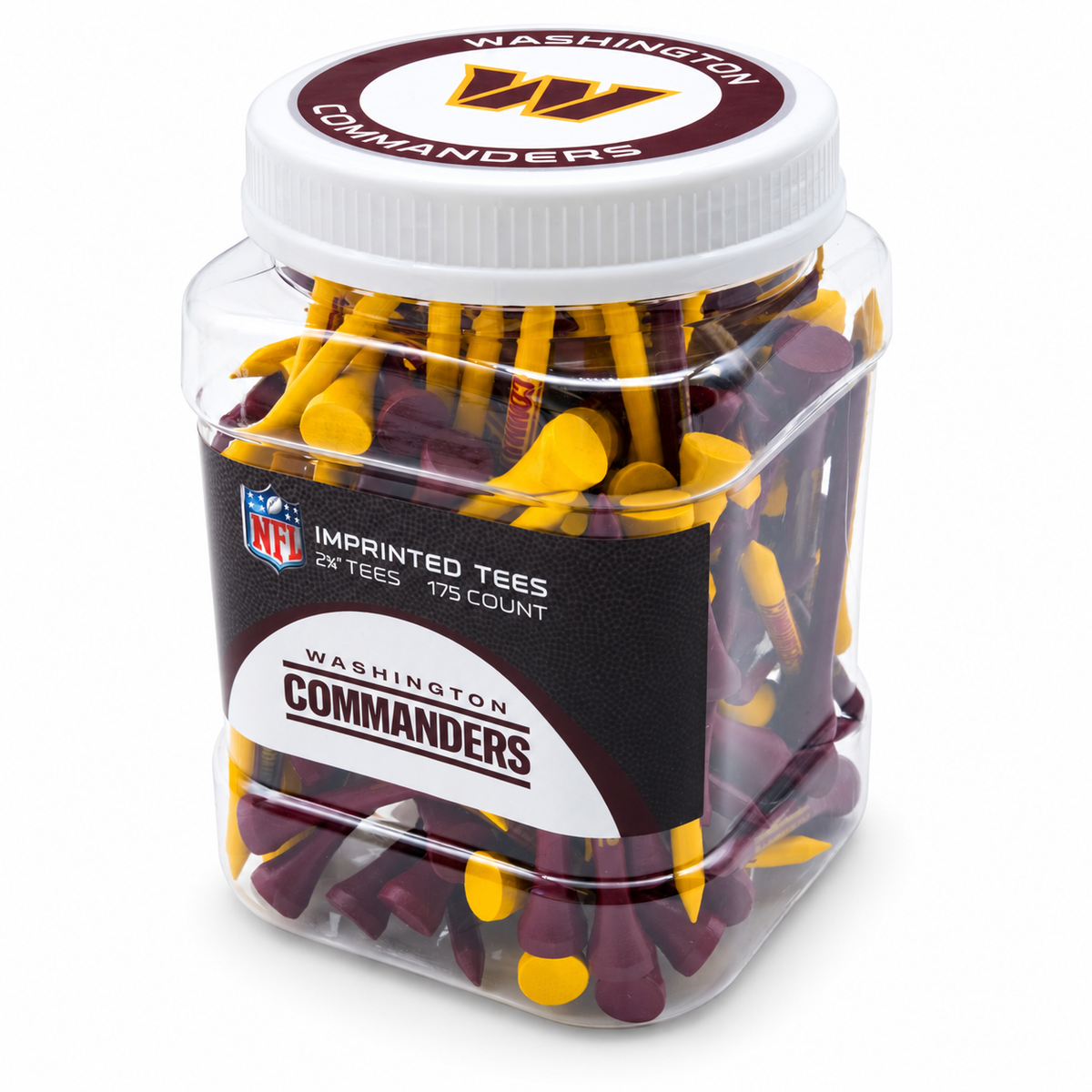 Close-up of the closed Washington Commanders 175-count tee jar.