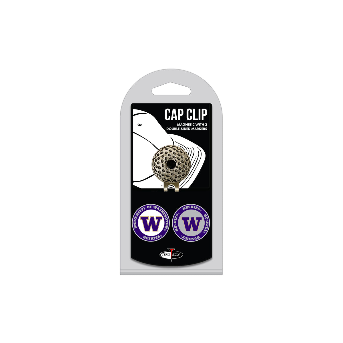 Washington Huskies hat clip with two golf ball markers