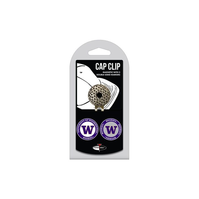 Washington Huskies hat clip with two golf ball markers