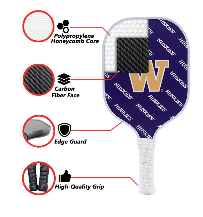 Washington Huskies Pickleball Paddle | Carbon Fiber Face | 12mm Core - Club Rehab