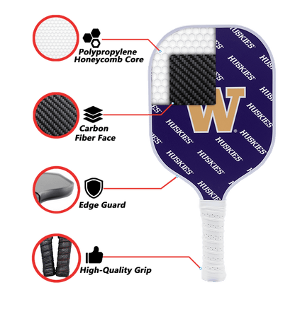 Washington Huskies Pickleball Paddle | Carbon Fiber Face | 12mm Core - Club Rehab