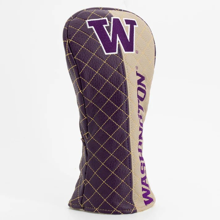 Golf club head cover with purple and beige design featuring a logo on a white background