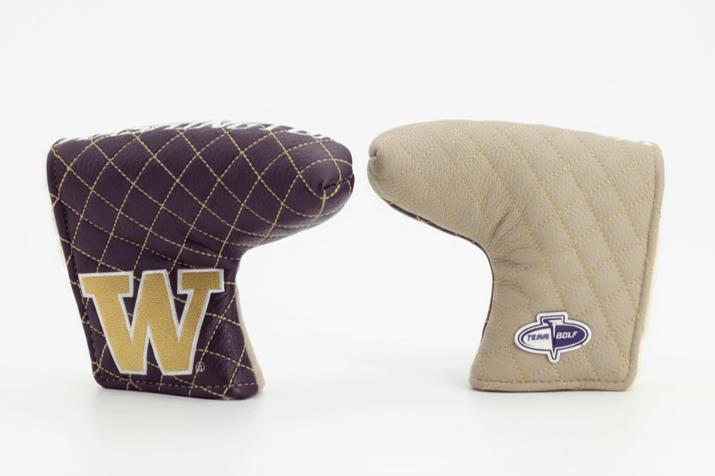 Two golf club covers, one with a purple and gold design and the other beige with a logo, on a white background.