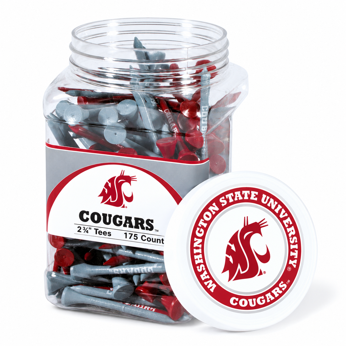 Washington State Cougars jar containing 175 2¾-inch golf tees with its separate team-logo lid.