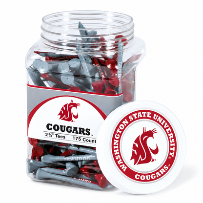 Washington State Cougars jar containing 175 2¾-inch golf tees with its separate team-logo lid.