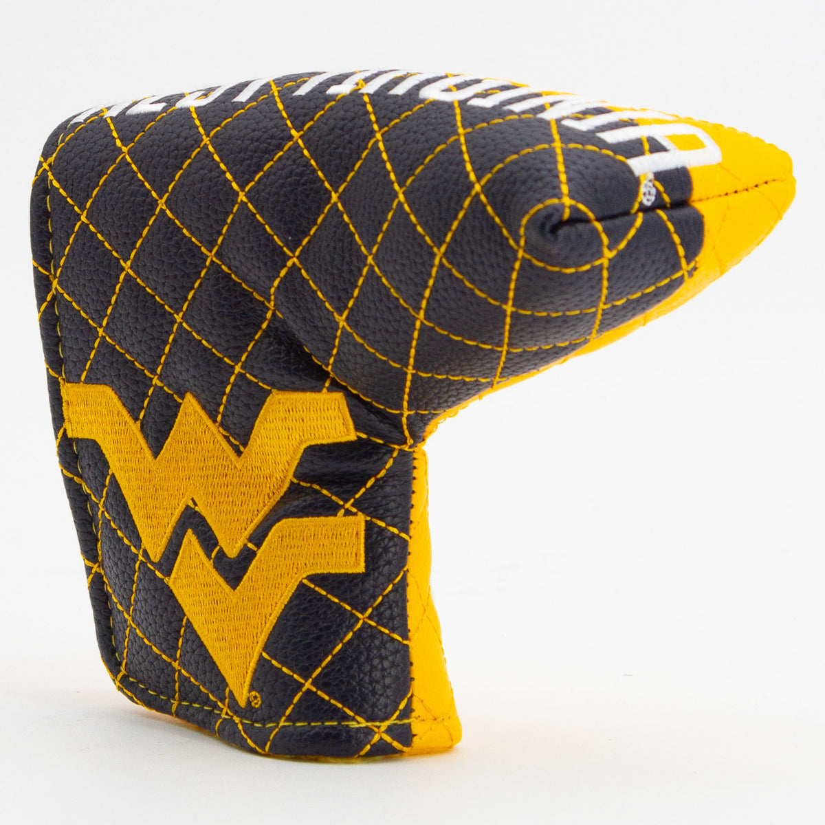 West Virginia Mountaineers Split Quilted Blade Putter Cover, angled view