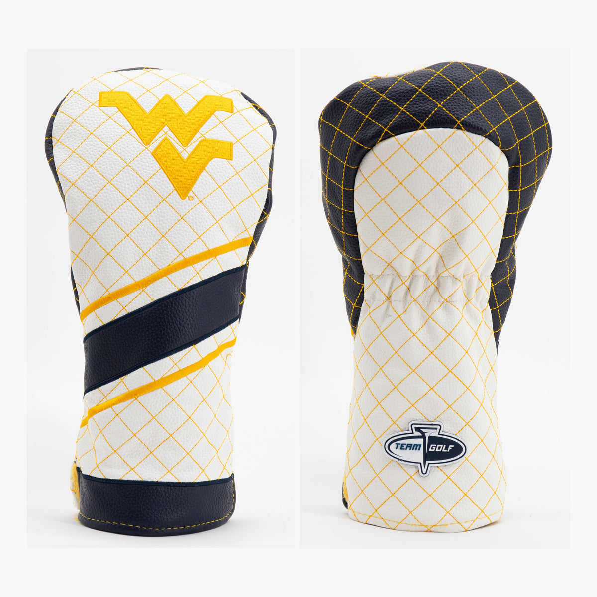 West Virginia Mountaineers Striped Quilted Driver Headcover, front and back views