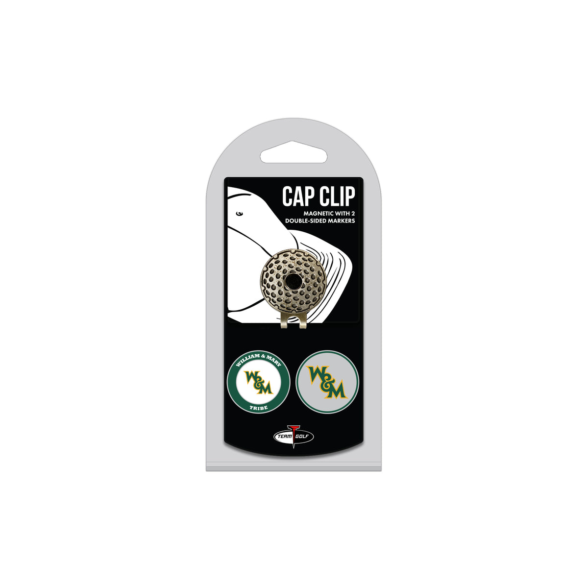 William & Mary Tribe hat clip with two golf ball markers