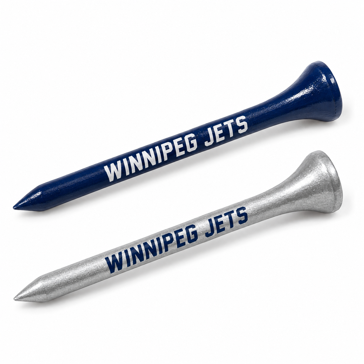 Winnipeg Jets golf tees in navy and metallic silver with team lettering.