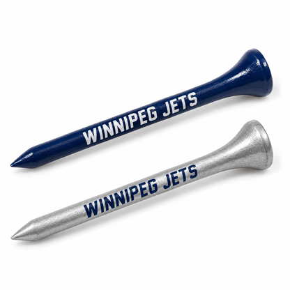 Winnipeg Jets golf tees in navy and metallic silver with team lettering.