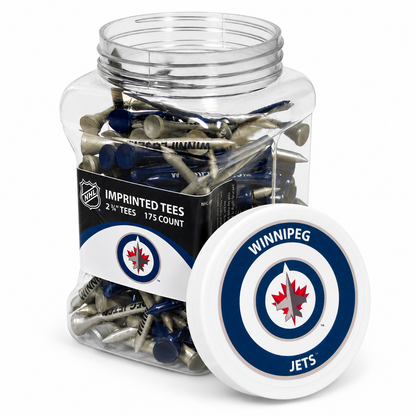 Winnipeg Jets jar containing 175 2¾-inch golf tees with its separate team-logo lid.