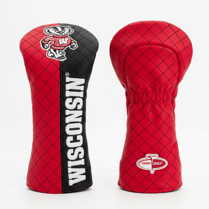 Red and black golf club head covers with 'Wisconsin' branding on a white background