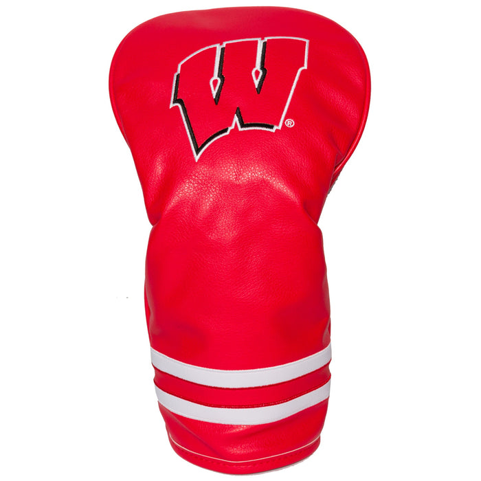 Red golf head cover with a logo on a white background