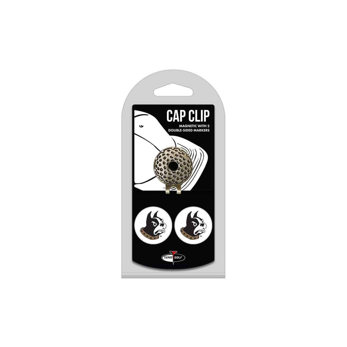 Wofford College hat clip with two golf ball markers