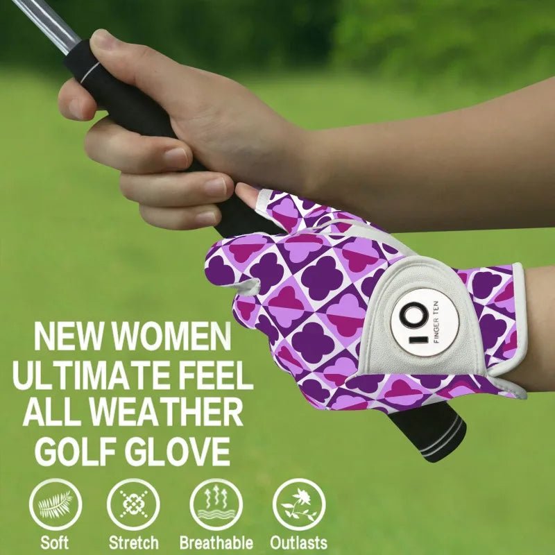 Women’s All - Weather Golf Glove with Ball Marker – Stylish Half - Finger Design - Purple S - Worn on Left Hand - Club Rehab