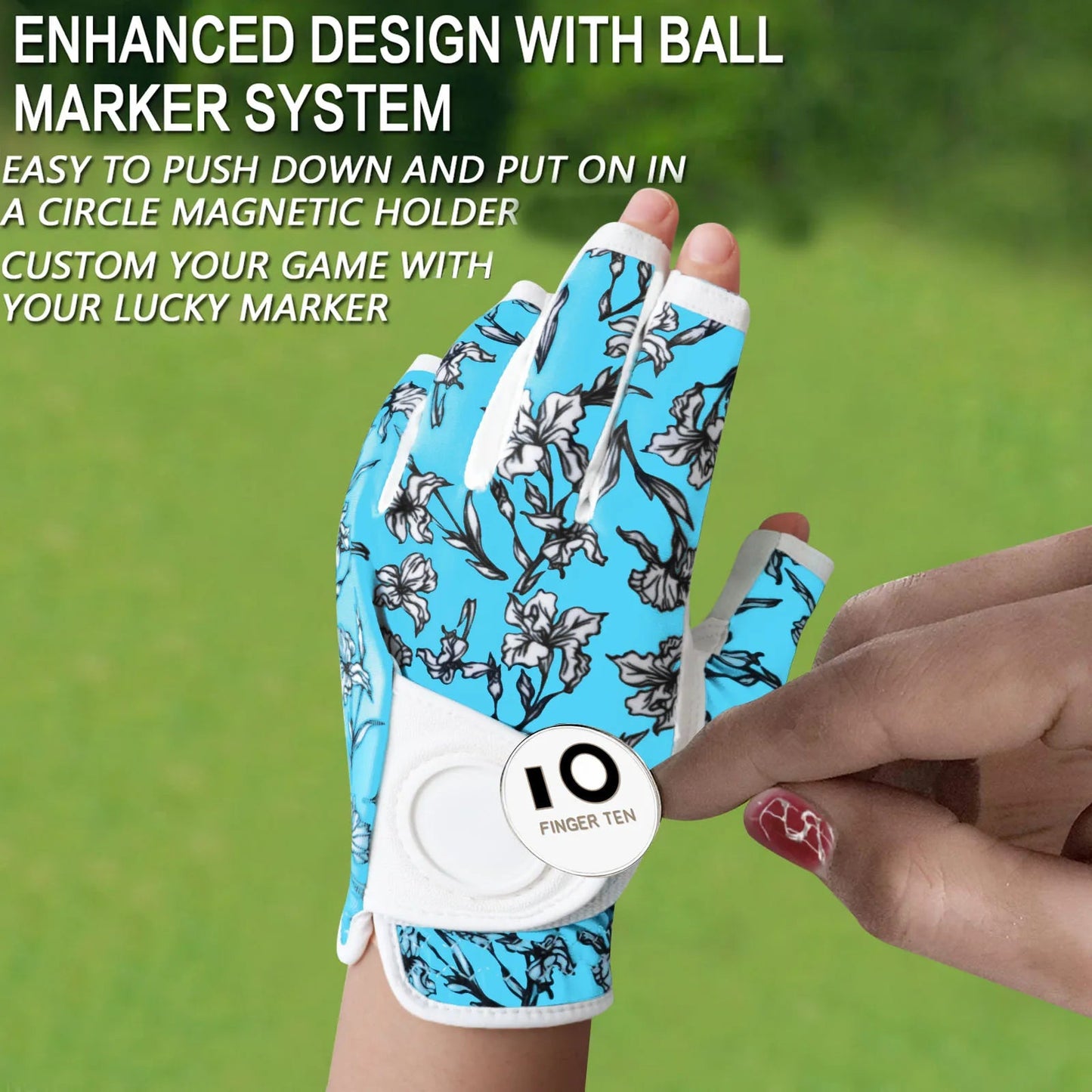 Women’s All - Weather Golf Glove with Ball Marker – Stylish Half - Finger Design - Purple S - Worn on Left Hand - Club Rehab