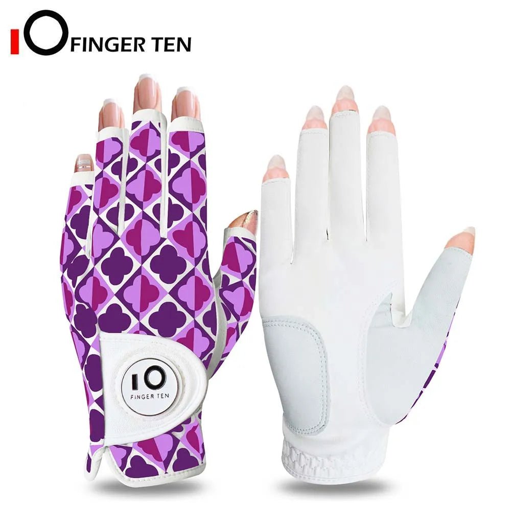 Women’s All - Weather Golf Glove with Ball Marker – Stylish Half - Finger Design - Purple S - Worn on Left Hand - Club Rehab