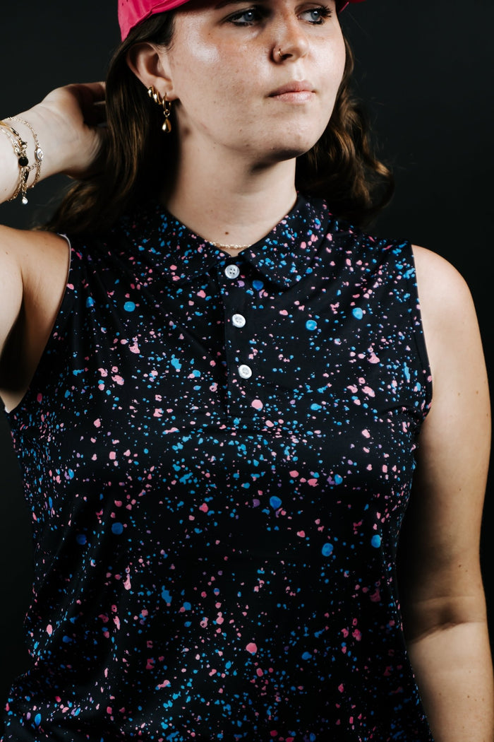 Womens Black Paint Splatter Polo - XS - Club Rehab