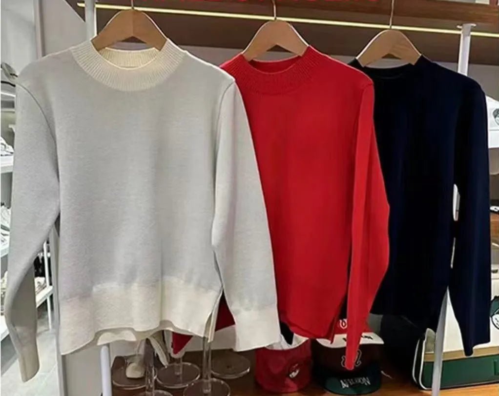 Women’s Round Neck Knit Golf Sweater – Tee - Time Chic - M Red - Club Rehab