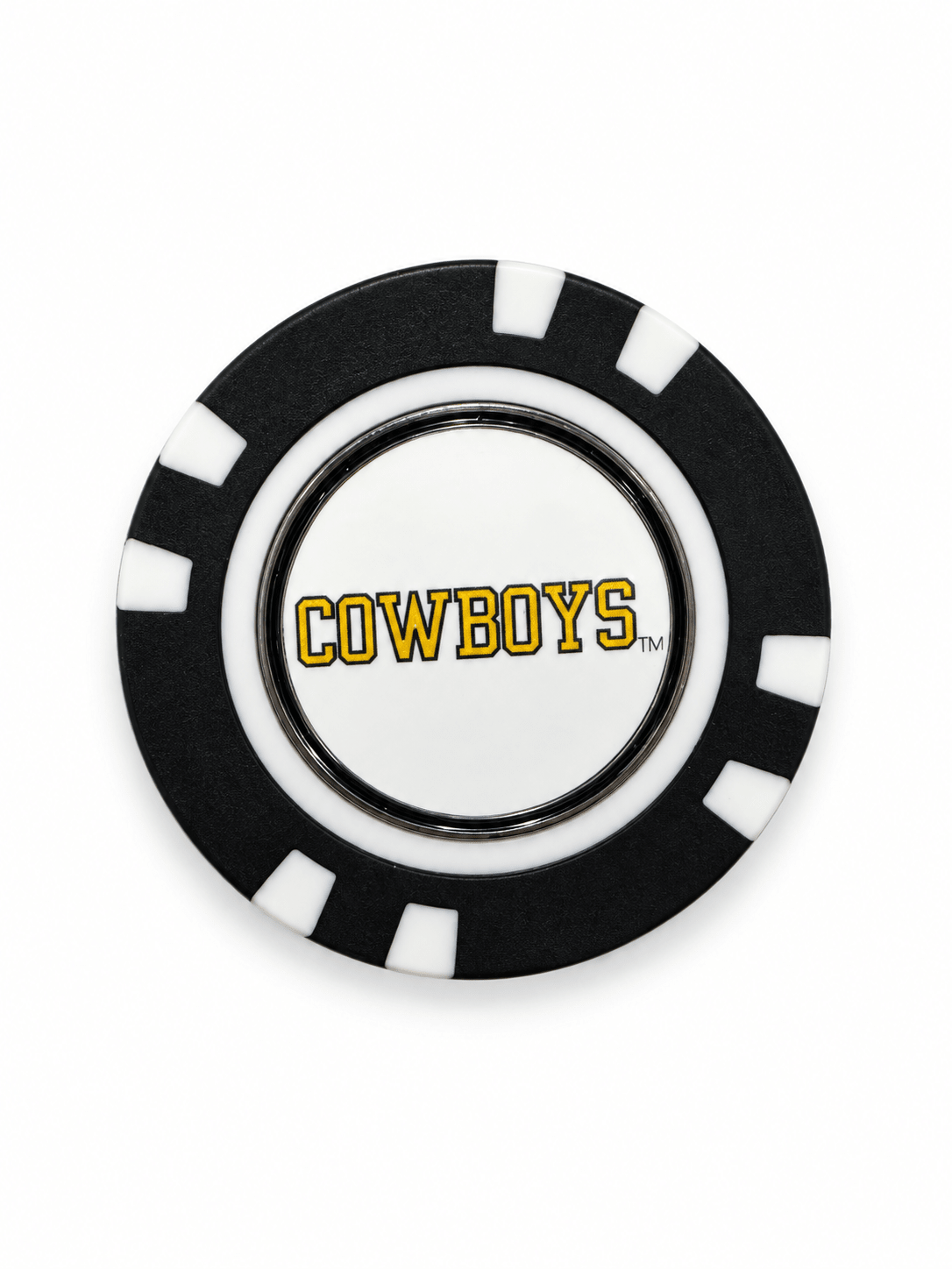 Wyoming Cowboys poker chip with wordmark on white