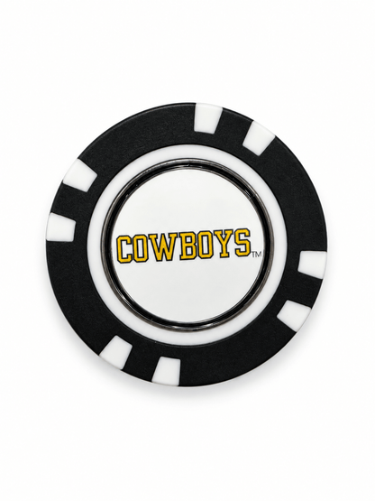 Wyoming Cowboys poker chip with wordmark on white